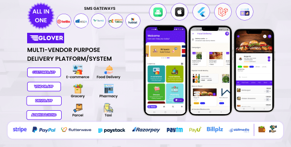 Glover v1.7.43 – Grocery, Food, Pharmacy Courier Service Provider + Backend + Driver Vendor app Free - 