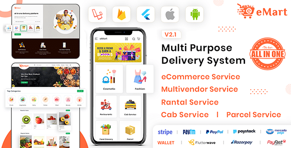 eMart v5.1 Nulled - Продукты питания от разных поставщиков, электронная коммерция, посылки, заказ такси, приложение для аренды автомобилей с администратором и веб-сайт