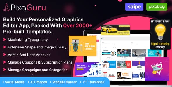 PixaGuru v1.9.1 Nulled - Платформа SAAS для создания графики, изображений, публикаций в социальных сетях, рекламы, баннеров и историй