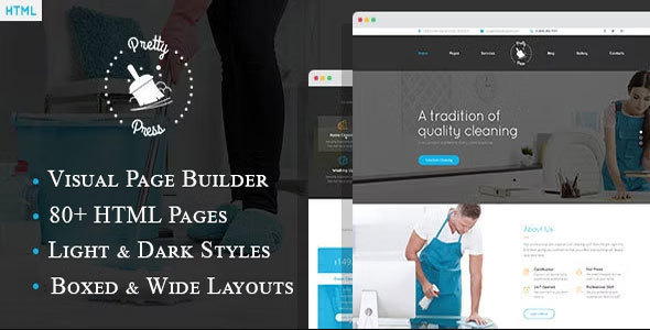 PrettyPress Nulled - HTML-шаблон службы уборки с помощью Builder