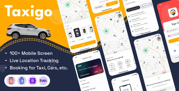 Taxigo Nulled - PWA HTML-шаблон для мобильного приложения по прокату автомобилей и заказу такси