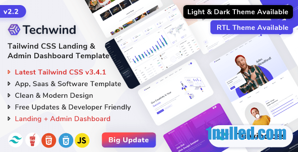 Techwind v2.2.0 Nulled - Многоцелевое приложение Tailwind CSS, шаблон панели администратора Landing Software Saas