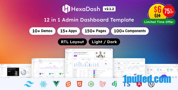 HexaDash v2.1.3 Nulled - Tailwind CSS, React, Svelte, Vue, Laravel, Nodejs, Django HTML-шаблон панели администратора